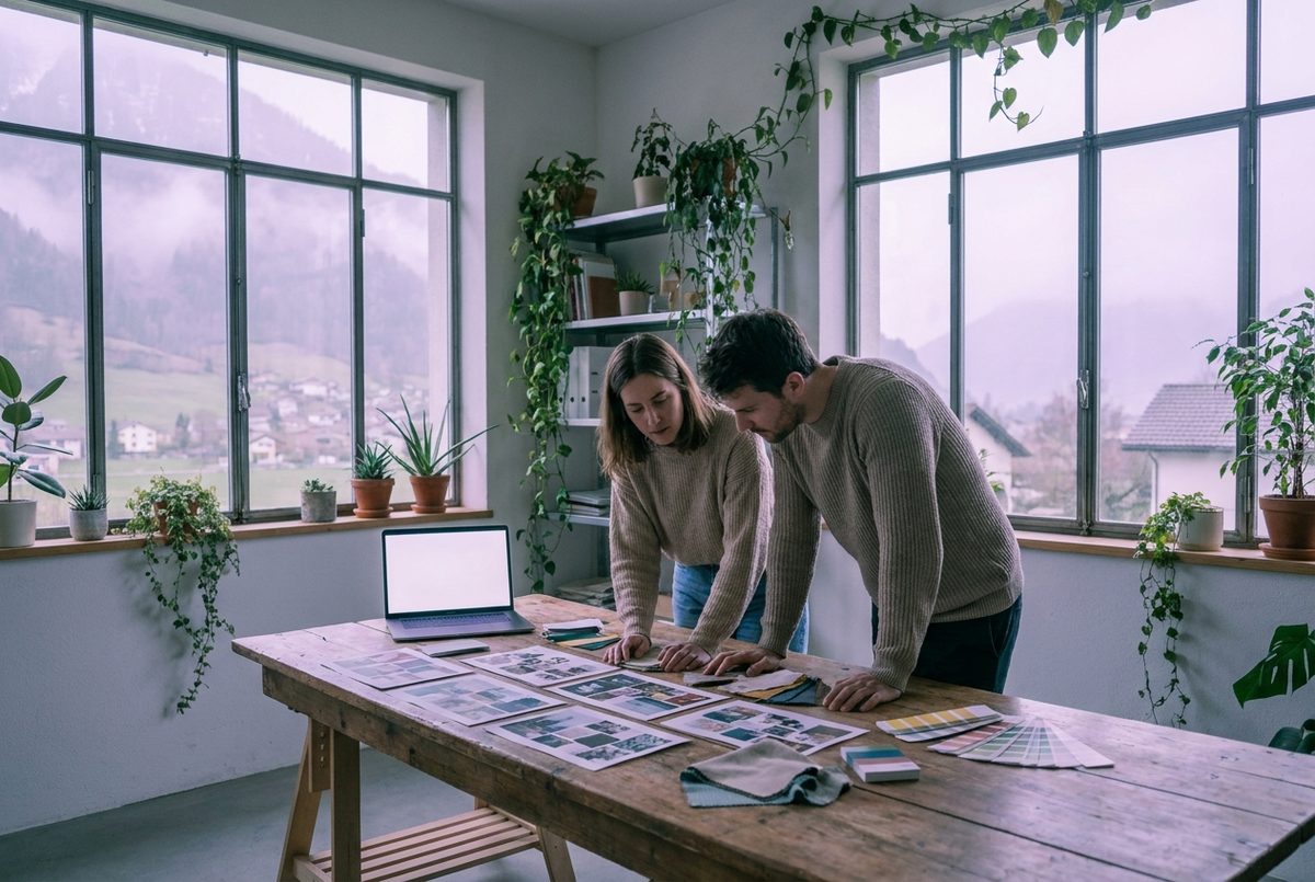 Two designers at a table with mood boards