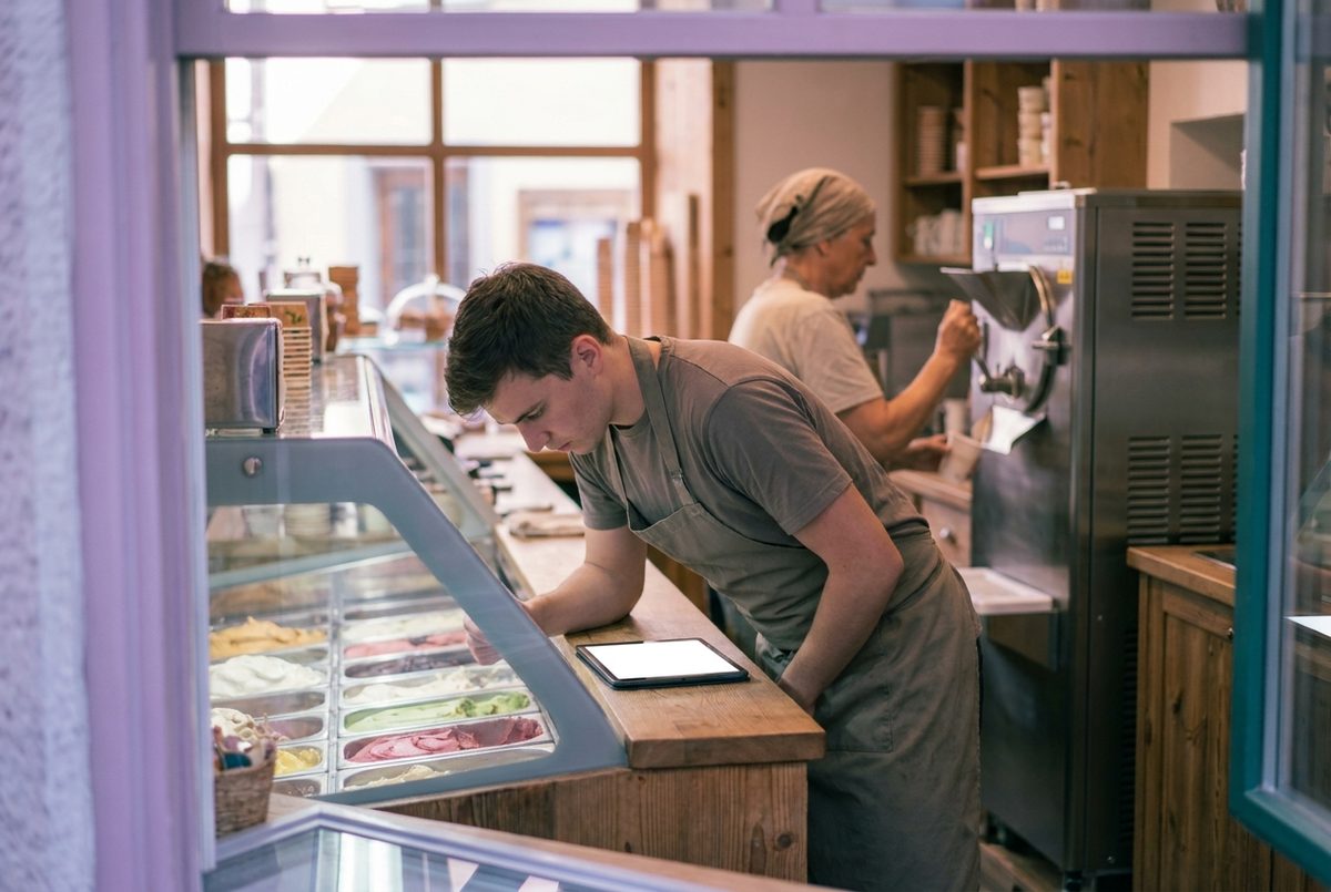 A gelateria with a display case, stock count on a tablet