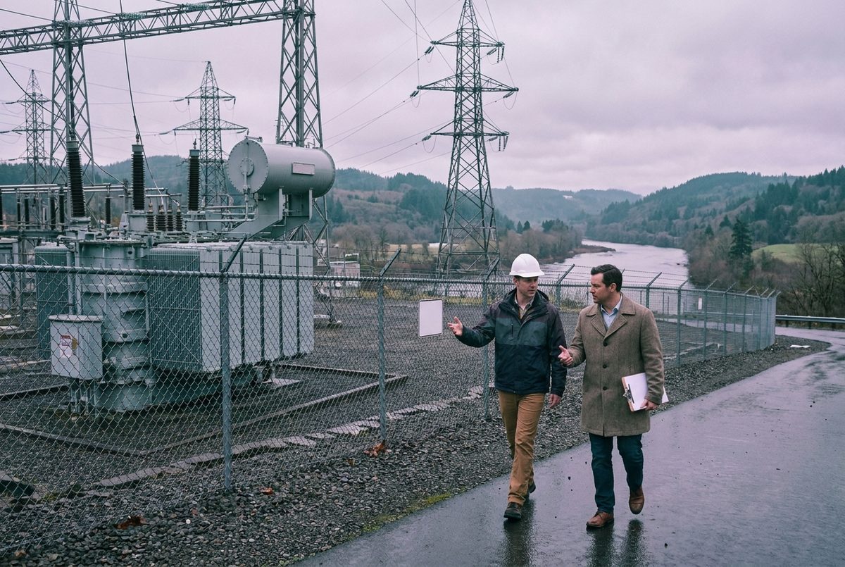 Engineer and manager at the fence of a substation