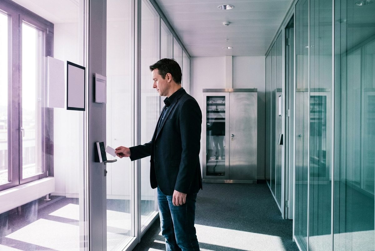 Office corridor with glass doors and badge readers